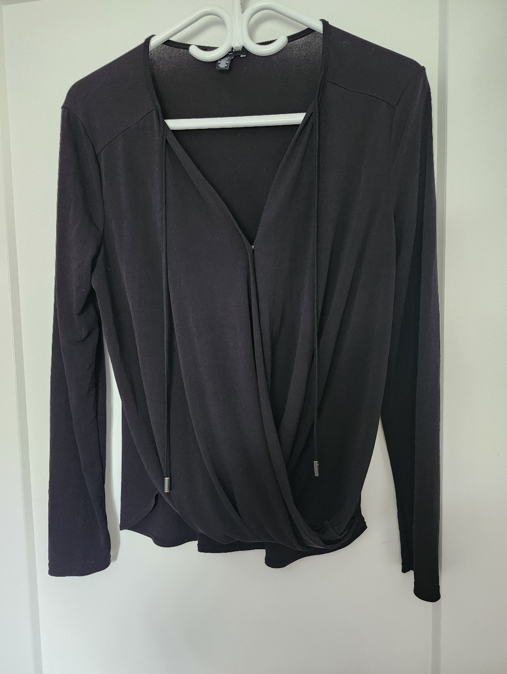 Kenneth Cole Black Faux Wrap Top | Ruched Side Tie | Size Medium